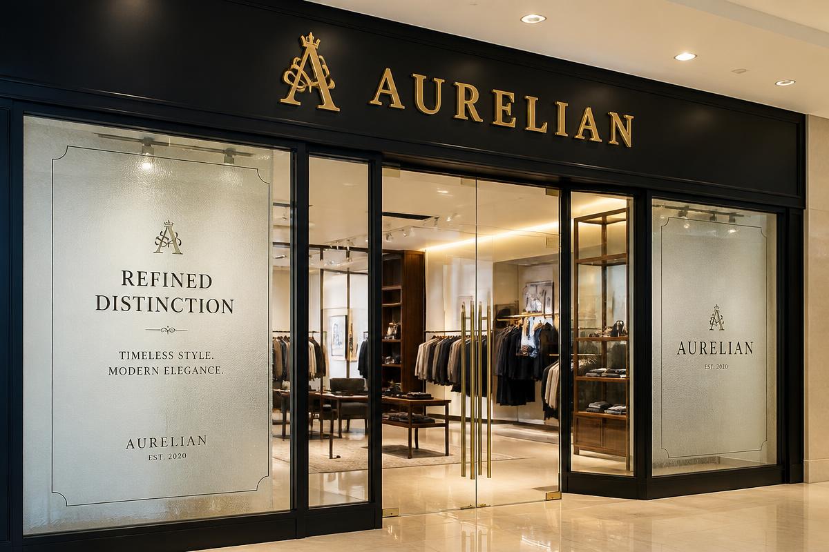 Premium storefront with gold signage and window graphics