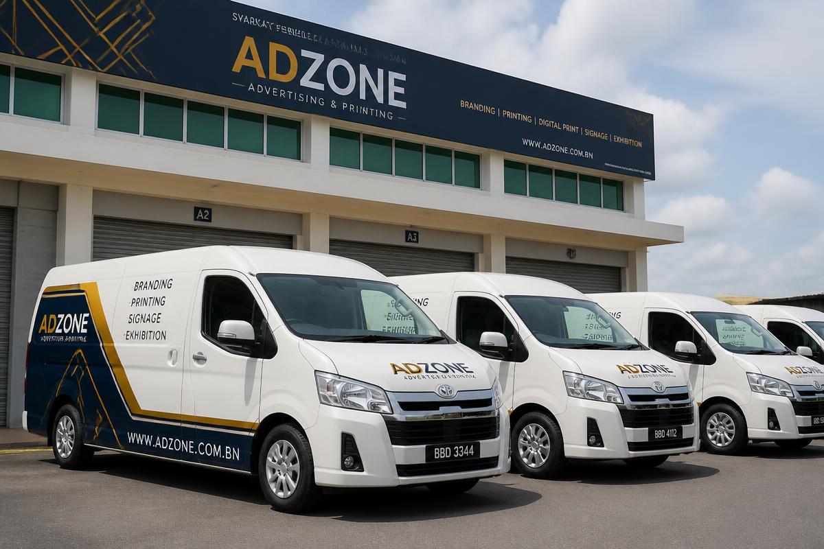 Fleet of branded commercial vans with vinyl wraps
